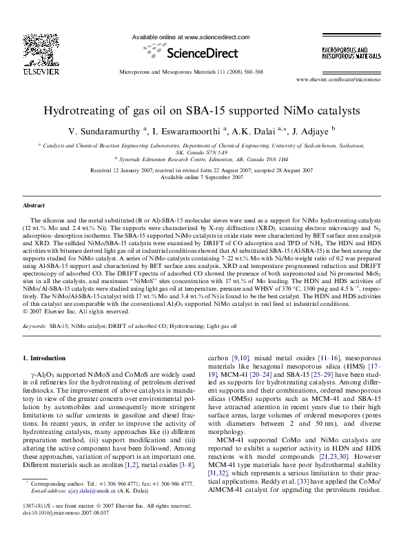 (PDF) Hydrotreating of gas oil on SBA-15 supported NiMo catalysts