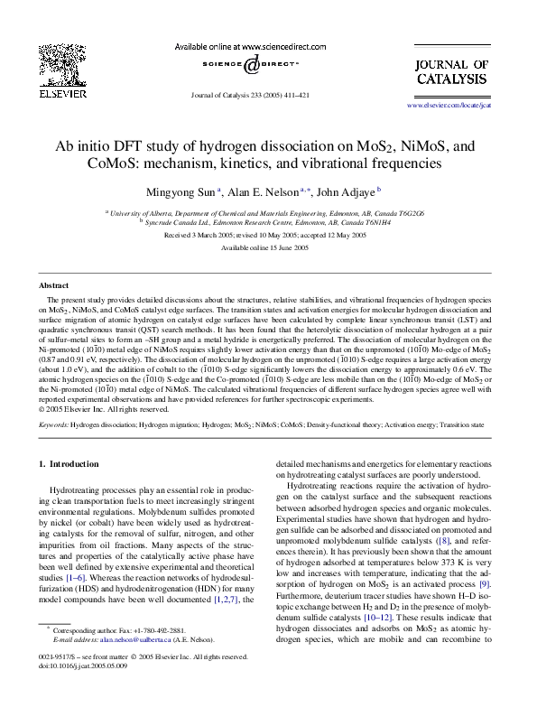 (PDF) Ab initio DFT study of hydrogen dissociation on MoS2, NiMoS, and ...