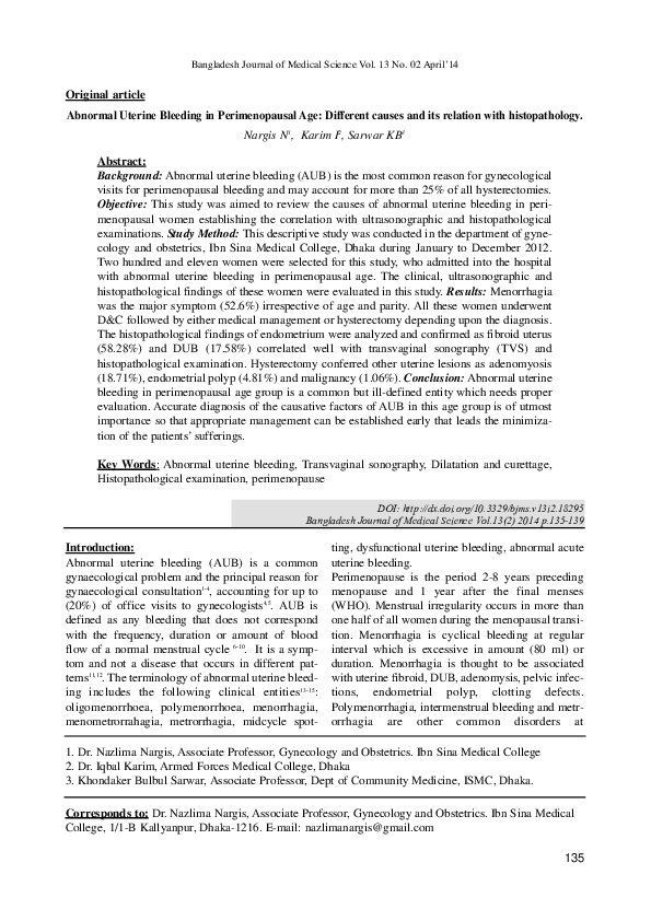 (PDF) Abnormal Uterine Bleeding in Perimenopausal Age Different causes