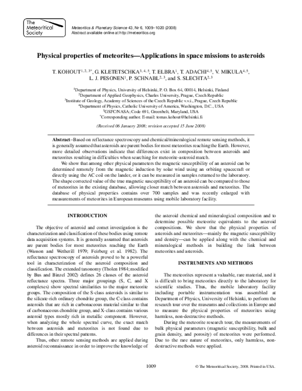 (PDF) Physical properties of meteorites-Applications in space missions ...