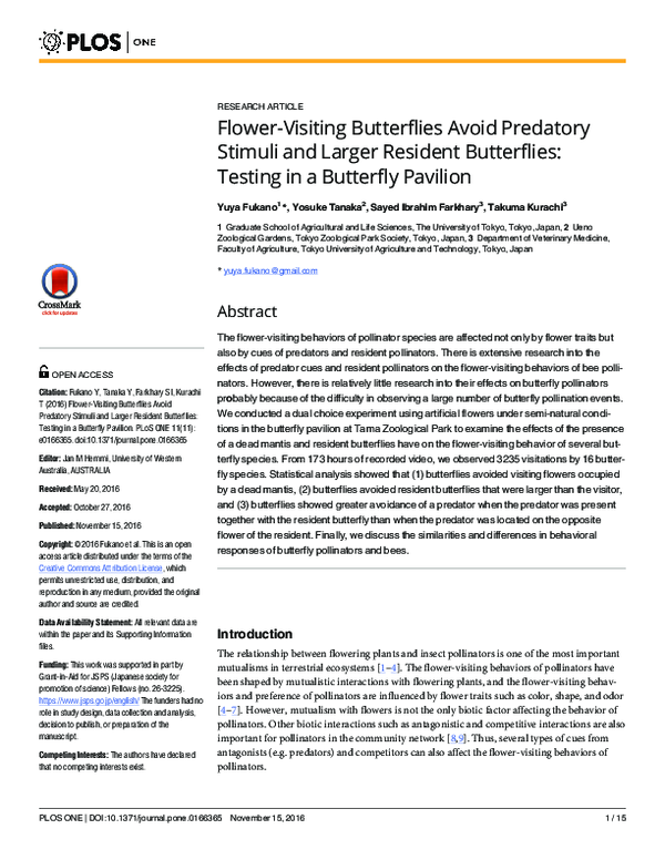 (PDF) Flower-Visiting Butterflies Avoid Predatory Stimuli and Larger ...