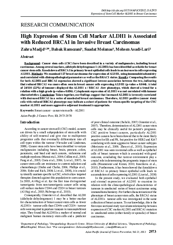 (PDF) High Expression of Stem Cell Marker ALDH1 is Associated with ...