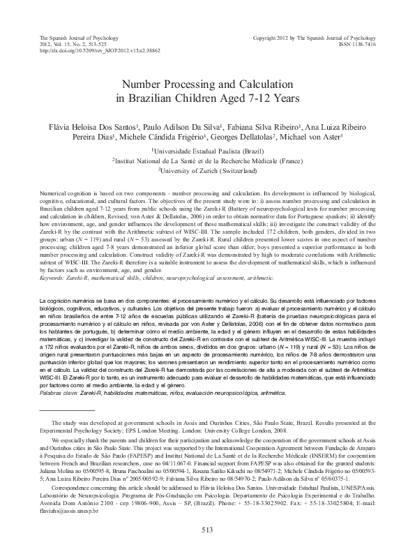 (PDF) Number Processing and Calculation in Brazilian Children Aged 7-12 ...