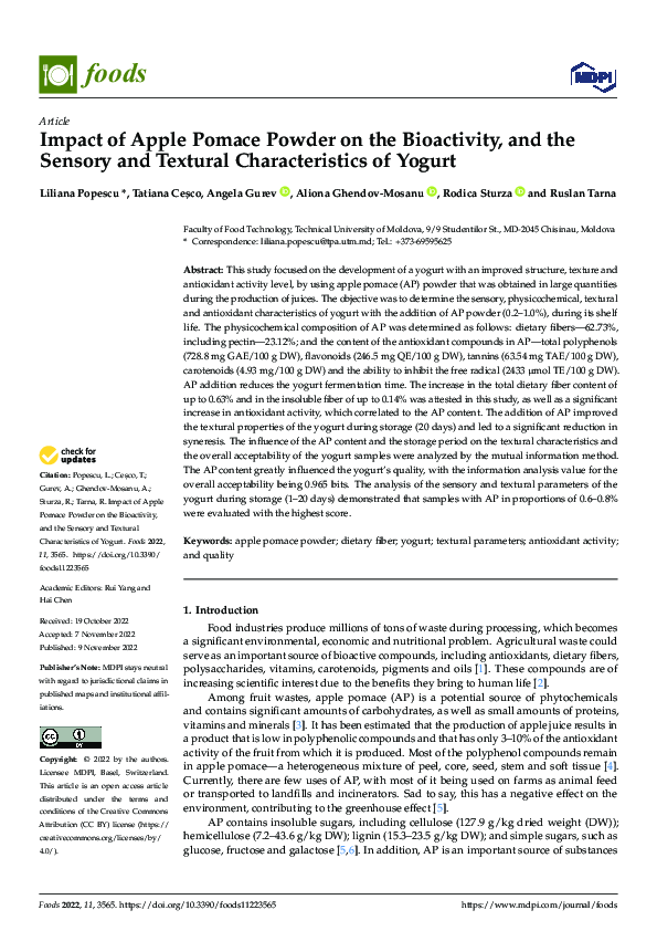 (PDF) Impact of Apple Pomace Powder on the Bioactivity, and the Sensory ...