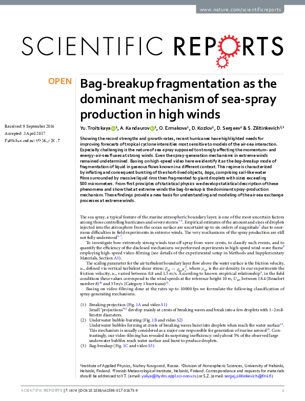 (PDF) Bag-breakup fragmentation as the dominant mechanism of sea-spray ...