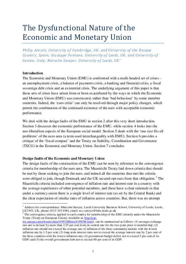 (PDF) The Dysfunctional Nature of the Economic and Monetary Union