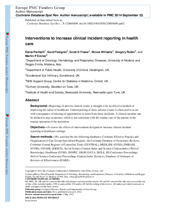 (PDF) Interventions to increase clinical incident reporting in health care