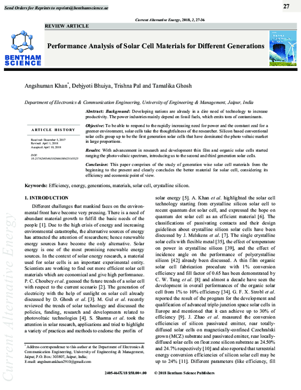 (PDF) Performance Analysis of Solar Cell Materials for Different ...