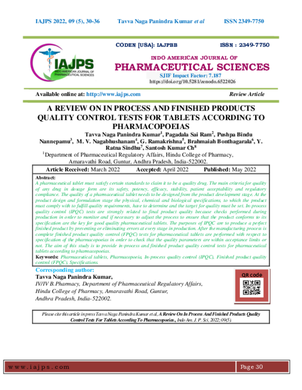 (PDF) A REVIEW ON IN PROCESS AND FINISHED PRODUCTS QUALITY CONTROL