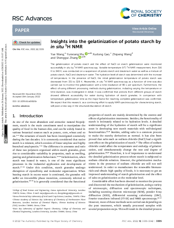 (PDF) Insights into the gelatinization of potato starch by in situ1H