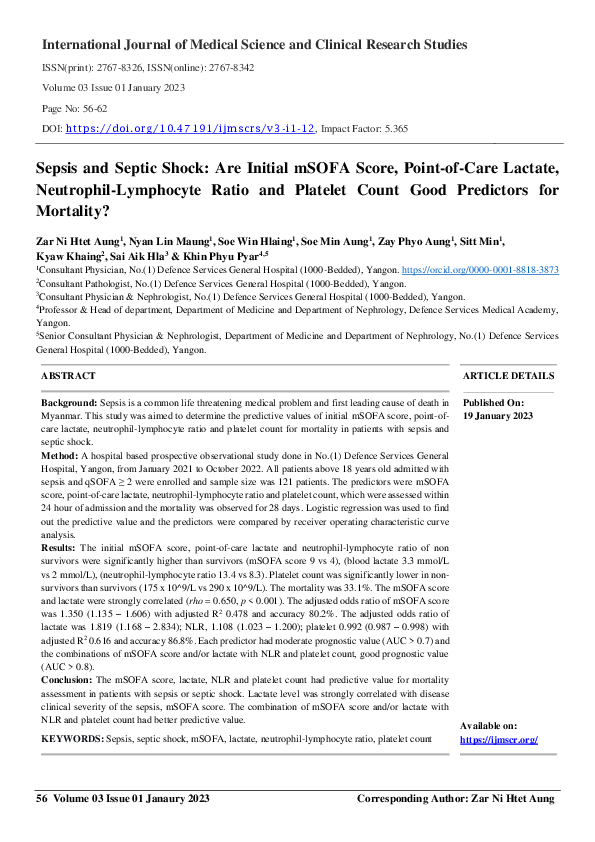 (PDF) Sepsis and Septic Shock: Are Initial mSOFA Score, Point-of-Care ...