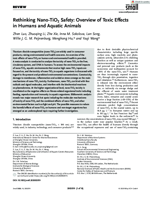 (PDF) Rethinking Nano‐TiO 2 Safety: Overview of Toxic Effects in Humans ...