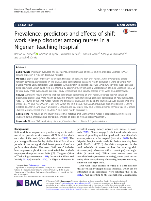(PDF) Prevalence, predictors and effects of shift work sleep disorder ...