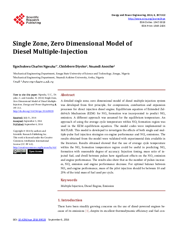 (PDF) Single Zone, Zero Dimensional Model of Diesel Multiple-Injection
