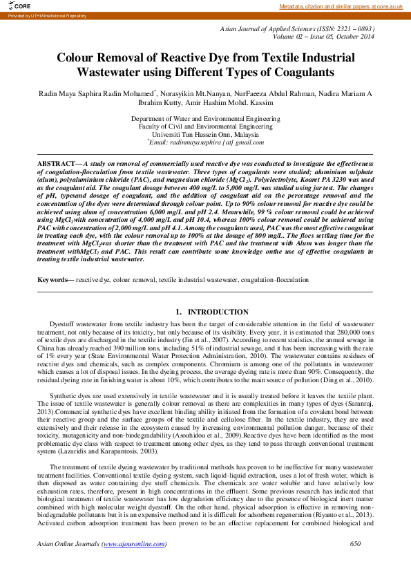 (PDF) Colour Removal of Reactive Dye from Textile Industrial Wastewater ...