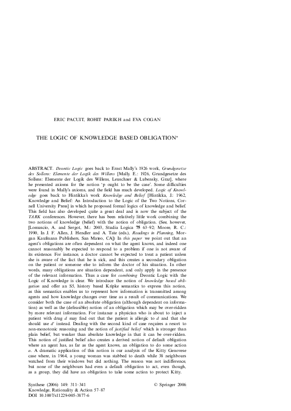 (PDF) The Logic of Knowledge Based Obligation