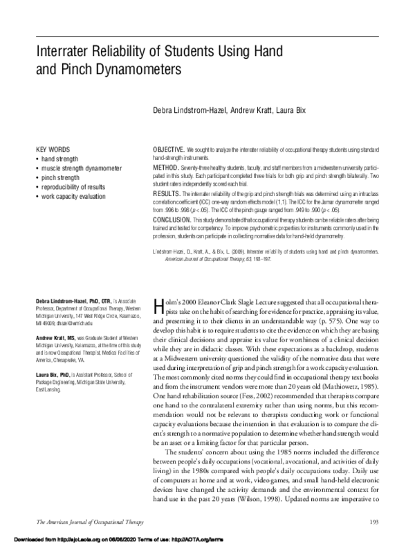(PDF) Interrater Reliability of Students Using Hand and Pinch Dynamometers
