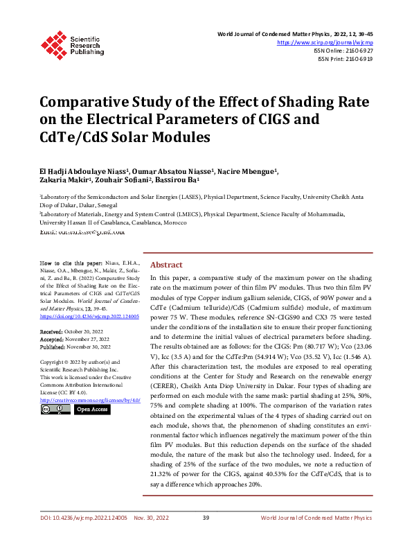 (PDF) Comparative Study of the Effect of Shading Rate on the Electrical ...