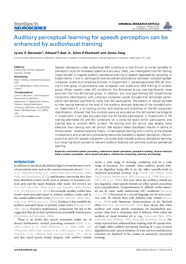 (PDF) Auditory Perceptual Learning for Speech Perception Can be ...