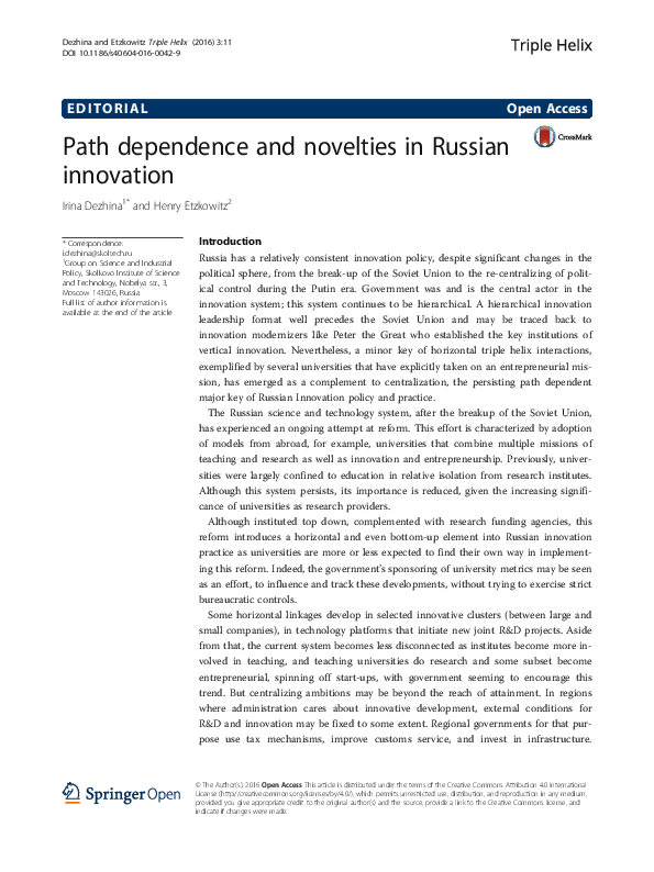 (PDF) Path dependence and novelties in Russian innovation