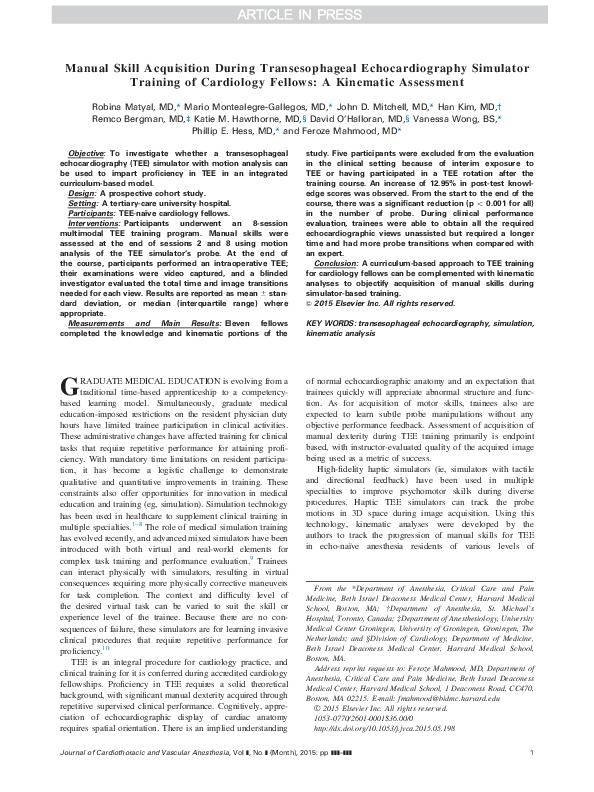 (PDF) Manual Skill Acquisition During Transesophageal Echocardiography