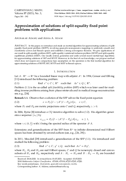 (PDF) Approximation of solutions of split equality fixed point problems ...