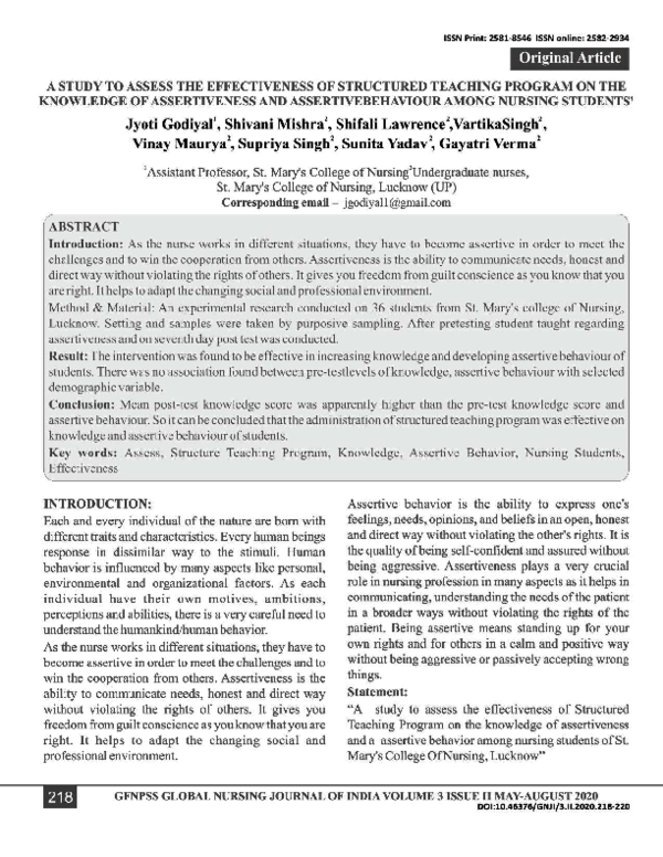 (PDF) A study to assess the effectiveness of Structured Teaching ...