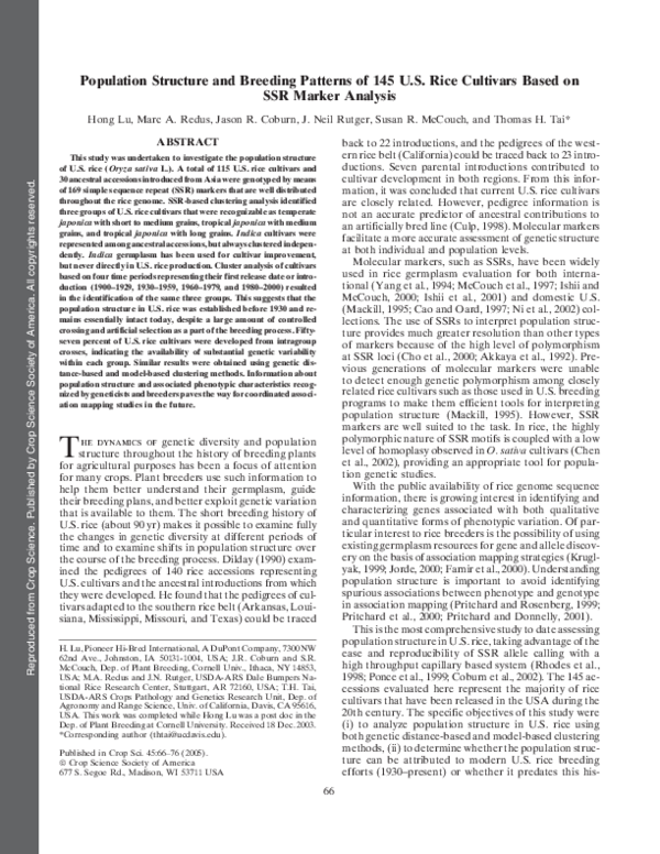 (PDF) Population Structure and Breeding Patterns of 145 U.S. Rice ...