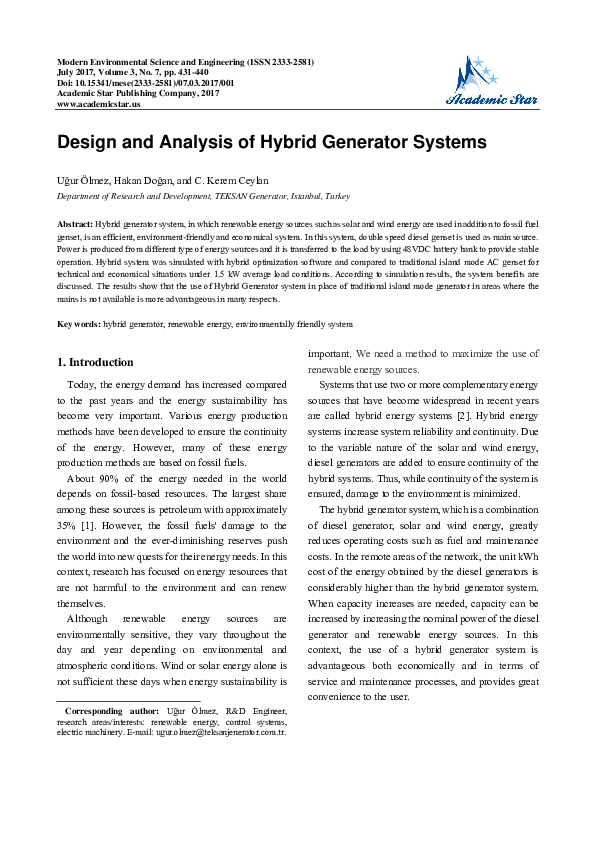 (PDF) Design and Analysis of Hybrid Generator Systems