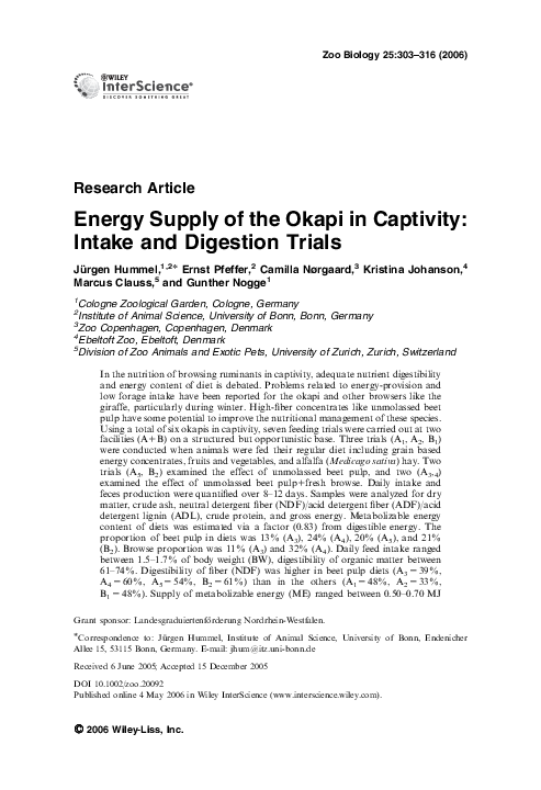 (PDF) Energy supply of the okapi in captivity: intake and digestion trials
