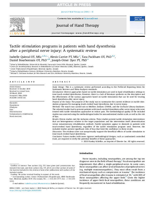 (PDF) Tactile stimulation programs in patients with hand dysesthesia