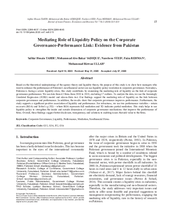 (PDF) Mediating Role of Liquidity Policy on the Corporate Governance ...