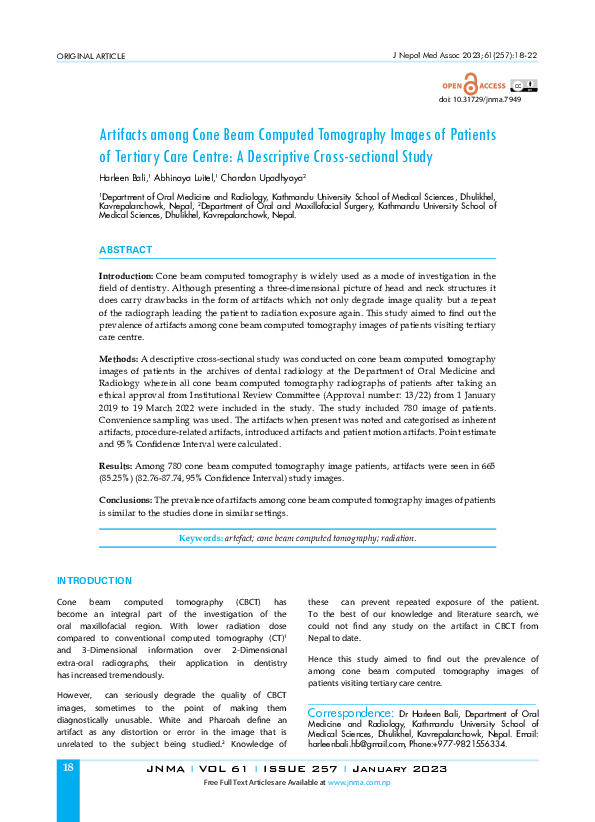 (PDF) Artifacts among Cone Beam Computed Tomography Images of Patients ...