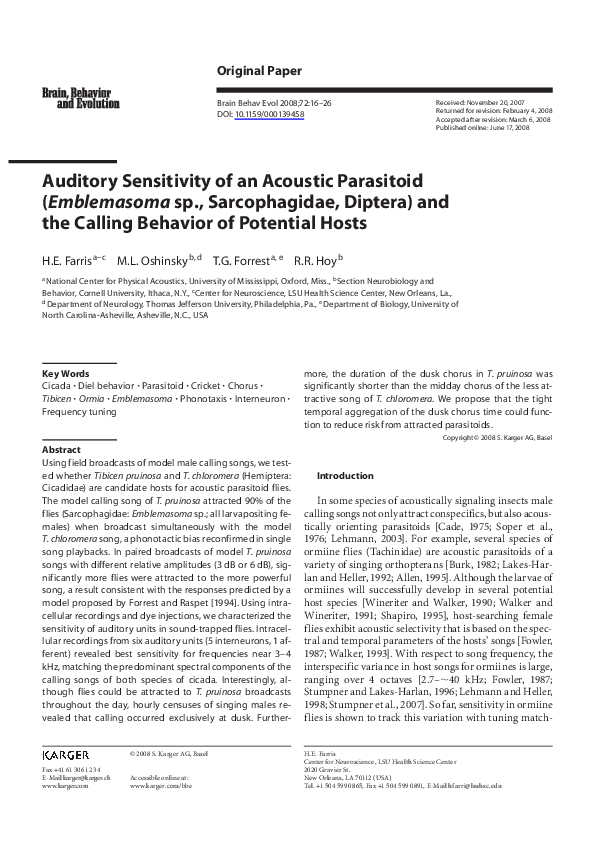 (PDF) Auditory Sensitivity of an Acoustic Parasitoid (Emblemasoma sp ...