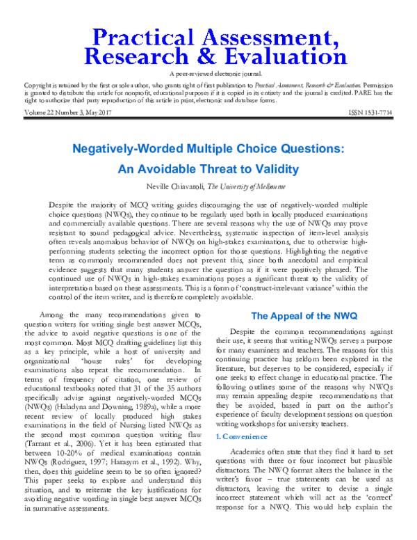 (PDF) Negatively-Worded Multiple Choice Questions: An Avoidable Threat ...