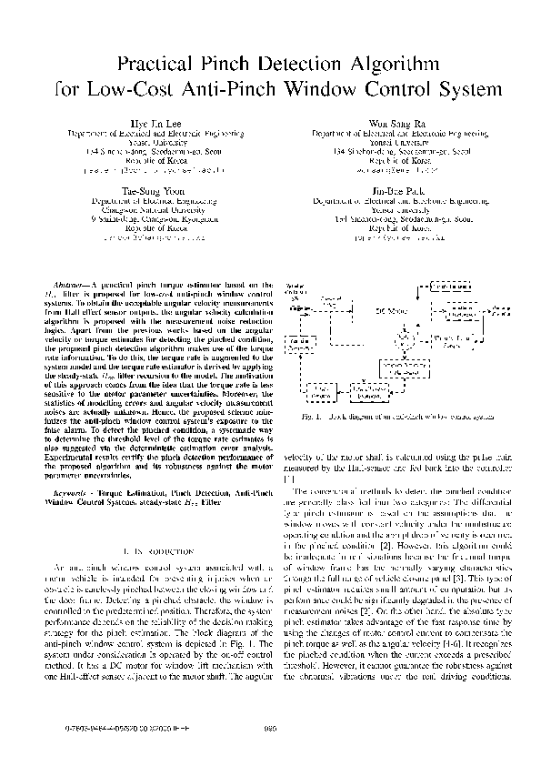 (PDF) Practical Pinch Detection Algorithm for LowCost AntiPinch Window Control System Won