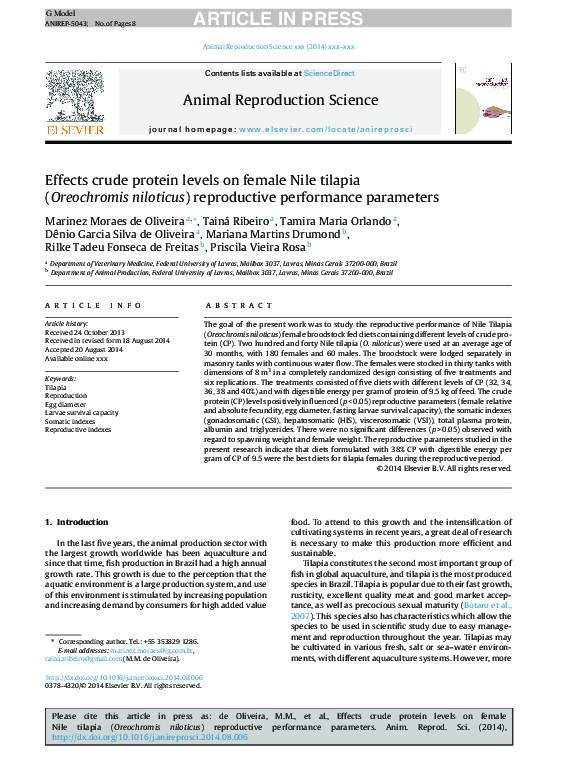 (PDF) Effects crude protein levels on female Nile tilapia (Oreochromis
