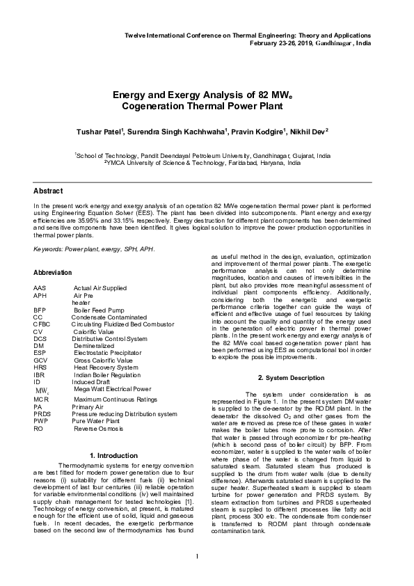 (PDF) Energy And Exergy Analysis of 82 MWE Cogeneration Thermal Power Plant