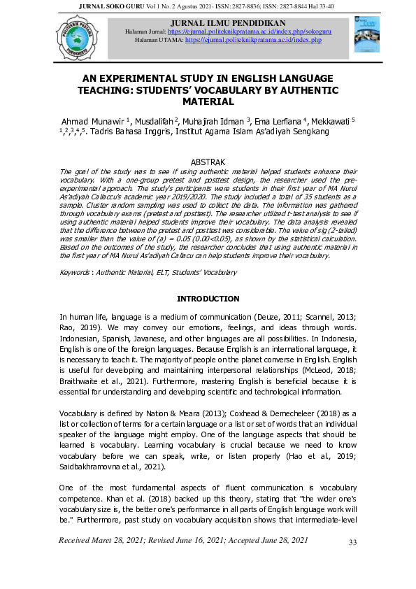 (PDF) An Experimental Study in English Language Teaching: Students ...