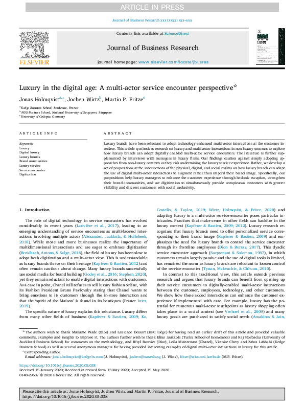 (PDF) Luxury in the digital age: A multi-actor service encounter ...