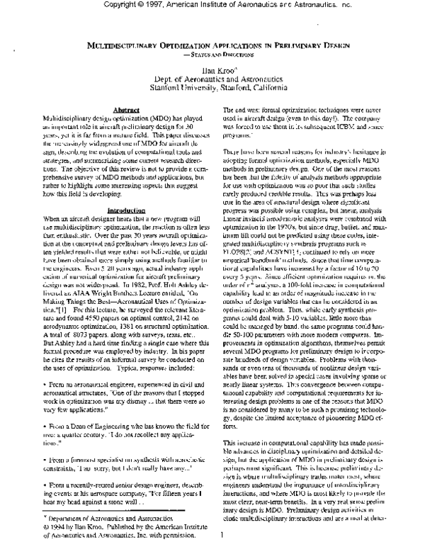 (PDF) Multidisciplinary optimization applications in preliminary design ...