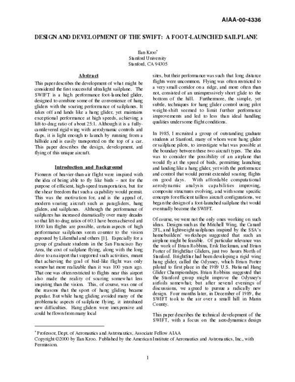 (PDF) Design and development of the SWIFT - A foot-launched sailplane