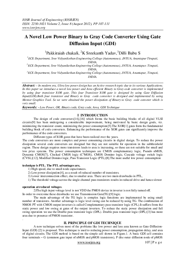 (PDF) A Novel Low Power Binary to Gray Code Converter Using Gate ...