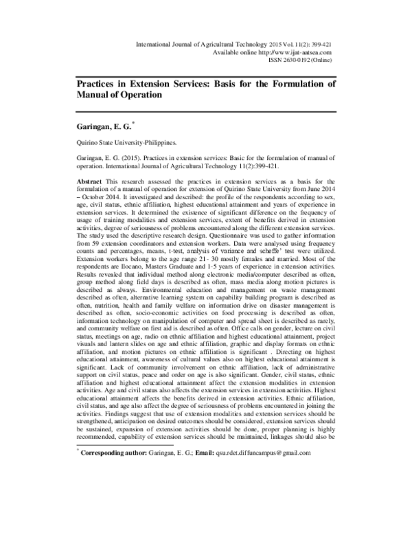 (PDF) Practices in extension services: basis for the formulation of ...