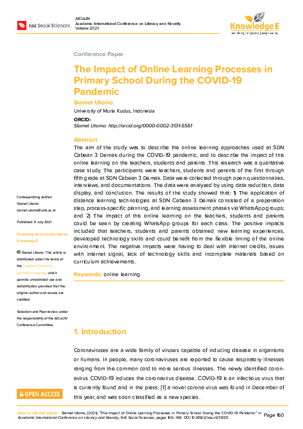 (PDF) The Impact of Online Learning Processes in Primary School During ...