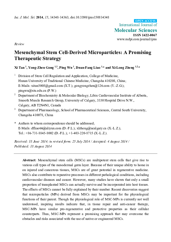 (PDF) Mesenchymal stem cell-derived microparticles: a promising ...