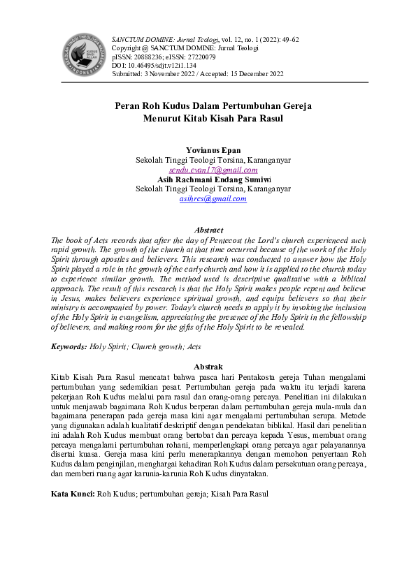 (PDF) Peran Roh Kudus Dalam Pertumbuhan Gereja Menurut Kitab Kisah Para ...