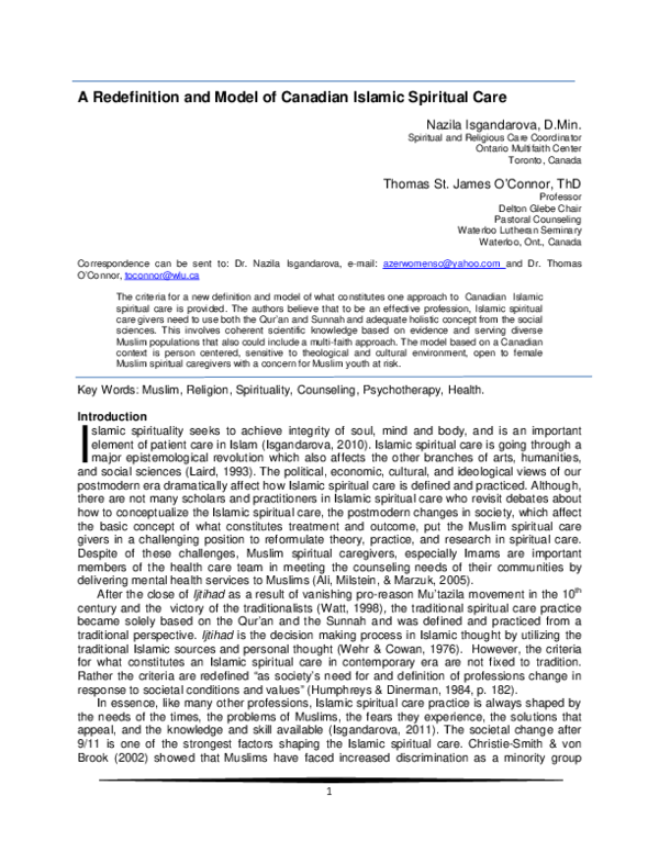 (PDF) A Redefinition and Model of Canadian Islamic Spiritual Care