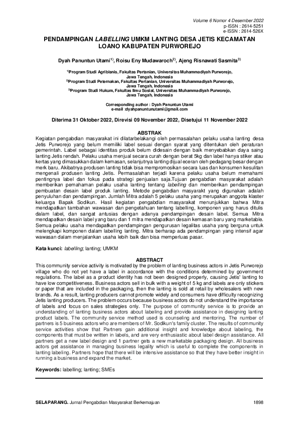 (PDF) Pendampingan Labelling Umkm Lanting Desa Jetis Kecamatan Loano ...