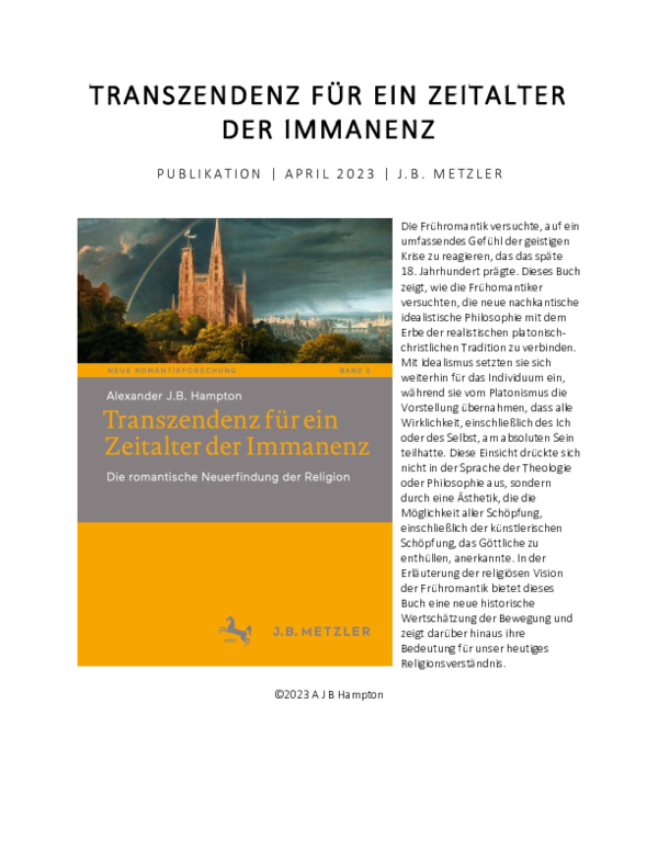 (PDF) Transzendenz für ein Zeitalter der Immanenz (Metzler, 2023).